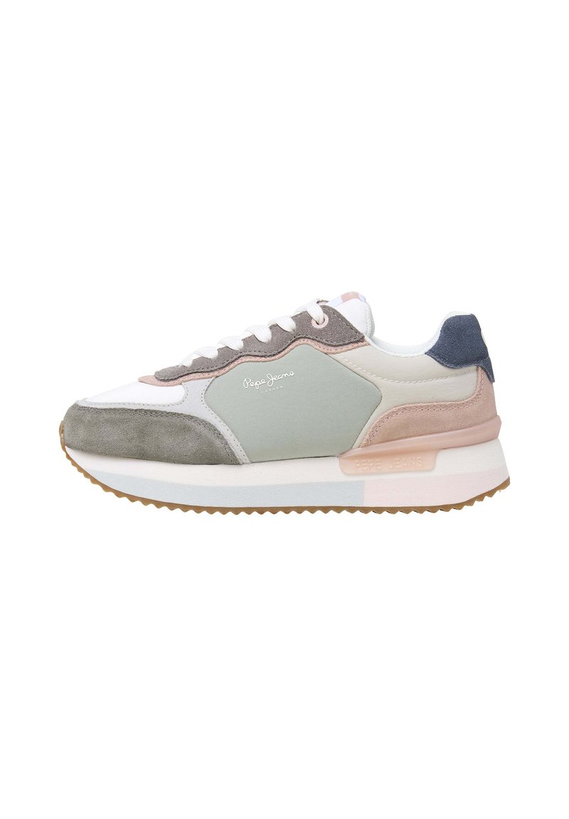 Bunt gemusterter Sneaker aus einer Kombination von Leder und Wildleder. Die Farben umfassen Weiß, Grün, Pink und Grau mit einer strukturierten Sohle.