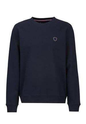 Marineblauwe sweatshirt met lange mouwen, ronde hals en klein geborduurd schildlogo op de linkerborst.