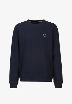 Marineblauwe sweatshirt met lange mouwen, ronde hals en klein geborduurd schildlogo op de linkerborst.