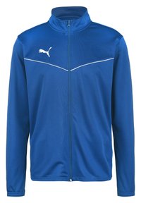 Blauwe zip-up jas van zacht, lichtgewicht materiaal. Kenmerkt een witte accentlijn over de borst en een wit Puma-logo aan de linkerkant.