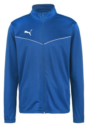 Blauwe zip-up jas van zacht, lichtgewicht materiaal. Kenmerkt een witte accentlijn over de borst en een wit Puma-logo aan de linkerkant.