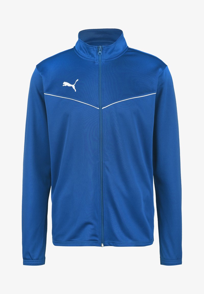Blue zip-up jacket made of smooth, lightweight material. Features a white accent line across the chest and a white Puma logo on the left side.