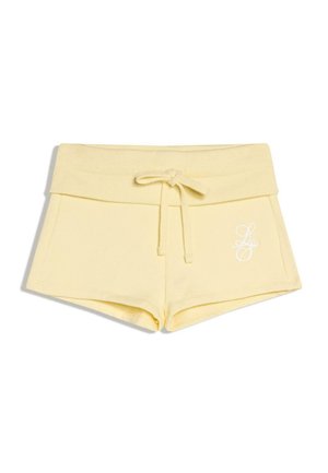Jasnożółte, miękkie szorty z szerokim, prążkowanym pasem i sznurkiem, z małym białym dekoracyjnym monogramem z przodu.