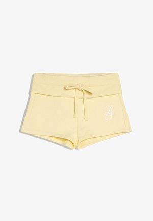 Rahle rumeno mehko blago kratke hlače z širokim rebrastim pasom in vrvico, na sprednji strani z majhnim belim dekorativnim monogramom.