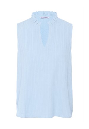 Svetloljubičasta brezrokavna majica s teksturirano površino, z nagubanimi robovi na vratu in ključavnico na sprednji strani. Preprost, sproščen kroj.