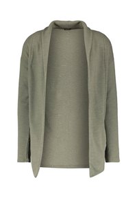 Pletený cardigan v olivově zelené barvě, s otevřeným předním dílem, bez zapínání, dlouhými rukávy a jemným texturovaným vzorem.