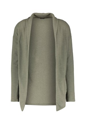 Gilet en tricot de couleur vert olive, avec une ouverture sur le devant, sans fermetures, des manches longues et un léger motif texturé.