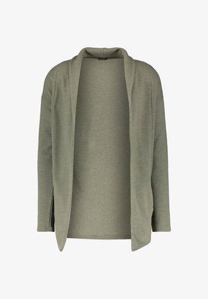 Gilet en tricot de couleur vert olive, avec une ouverture sur le devant, sans fermetures, des manches longues et un léger motif texturé.