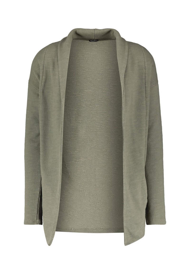 Pletený cardigan v olivově zelené barvě, s otevřeným předním dílem, bez zapínání, dlouhými rukávy a jemným texturovaným vzorem.