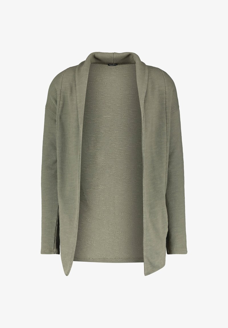 Pletený cardigan v olivově zelené barvě, s otevřeným předním dílem, bez zapínání, dlouhými rukávy a jemným texturovaným vzorem.