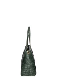 Borsa a mano in pelle verde con motivo testurizzato a coccodrillo, forma strutturata, chiusura superiore con zip e due manici piatti e robusti.