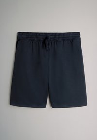 Marineblaue Shorts aus weichem Stoff, mit einem elastischen Bund und einem Kordelzug, sowie einem geraden Schnitt. Keine Taschen sichtbar.