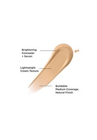 Échantillon de crème beige avec des étiquettes mettant en avant un correcteur illuminateur plus sérum, une texture de crème légère et une couvrance moyenne modulable avec une finition naturelle.