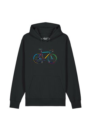 Schwarzer Hoodie mit Fronttasche und mehrfarbiger Umrisszeichnung eines Rennrads auf der Brust.