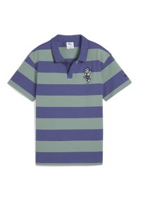 Polo tričko s fialovými a zelenými horizontálnymi pruhmi, krátkymi rukávmi, golierom a vyšitým detailom postavy na hrudi.