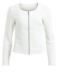 Vit zip-up jacka med ett texturerat, kviltat mönster, rund halsringning och långa ärmar. Slät, figurnära design utan synliga detaljer av hårdvara.
