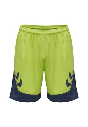 Helle limonengrüne Sportsshorts mit marineblauen Einsätzen und Chevron-Designs auf beiden Seiten, elastischem Bund, Vorderansicht auf weißem Hintergrund.