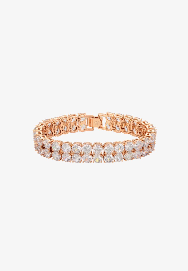 Bracciale in oro rosa con un design a maglia, impreziosito da numerose pietre di zirconia cubica tonda e trasparente, fissate in una chiusura sicura.