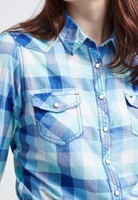 Camicia a scacchi blu caratterizzata da quadrati blu chiari e scuri, con design a bottone, colletto a punta e due tasche frontali con chiusura a bottone.