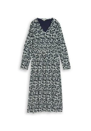 Zwarte midi-jurk met lange mouwen, een witte abstracte bloemenprint, een V-hals en een geplooide taille.