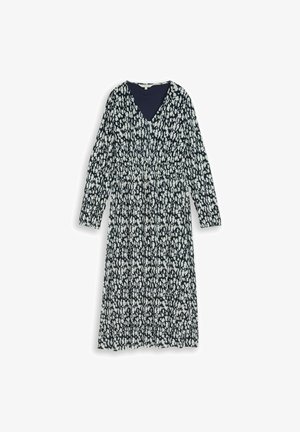 Zwarte midi-jurk met lange mouwen, een witte abstracte bloemenprint, een V-hals en een geplooide taille.