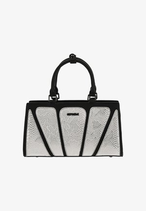 Geantă de mână din piele neagră, cu panouri texturate cu imprimeu de șarpe argintiu. Prezintă o formă structurată și două mânere superioare. Accente metalice prezente.