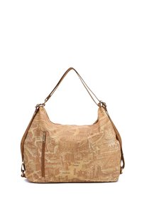 Borsa hobo in tessuto beige con design a mappa stampata. Presenta una cerniera e delle tracolle in marrone a contrasto, con una forma morbida e rilassata.