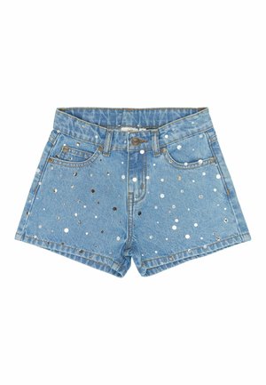 Hele sinised teksapüksid, millel on kõrge vöökoht, viie taskuga disain ja kangale laiali laotatud hõbedaste litrite kaunistused.