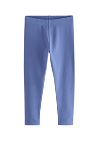 Blaue Baumwollleggings mit glatter Textur, figurnaher Passform und elastischem Bund. Keine sichtbaren Muster oder Metallteile.