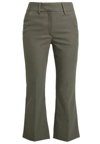 Olivově zelené zkrácené kalhoty s přiléhavým pasem, poutky na pásek, předním skladem a mírně rozšířenými nohavicemi.