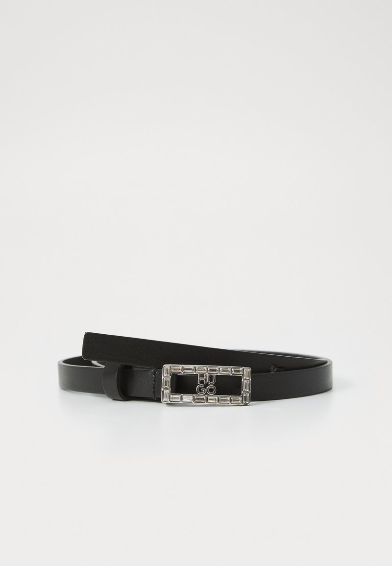 Black leather belt with rectangular silver buckle featuring the word "HUGO" inside a framed design, laid flat on a white surface.