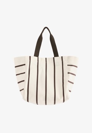 Hvid mulepose med mørke lodrette og vandrette striber og to mørke håndtag.