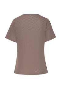 Short-sleeve, textured top in taupe with a geometric pattern. Features a round neckline and relaxed fit. Lightweight and breathable material.