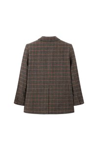 Geruite blazer met een enkelvoudige sluiting, in een mix van bruine, rode en witte tinten, gemaakt van een textuurstof. Open rug.