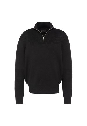 Pull en maille noire avec col à fermeture éclair quart de tour et texture côtelée sur la poitrine haute et les manches, manches longues, poignets et ourlet ajustés.