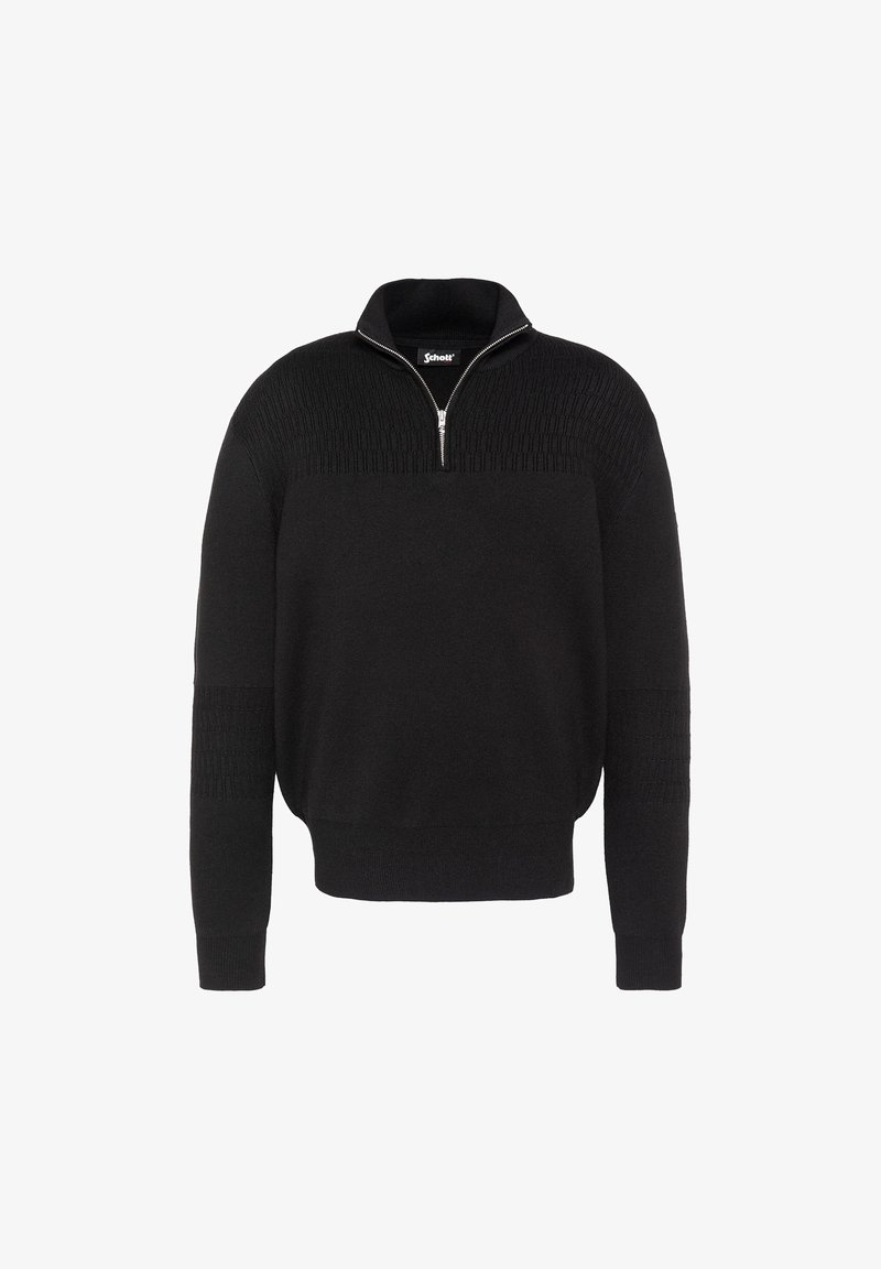 Pull en maille noire avec col à fermeture éclair quart de tour et texture côtelée sur la poitrine haute et les manches, manches longues, poignets et ourlet ajustés.