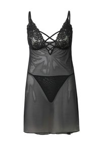 Set di lingerie nero con un camisole rifinito in pizzo con dettaglio incrociato e un tanga abbinato trasparente, realizzato in tessuto liscio e leggero.