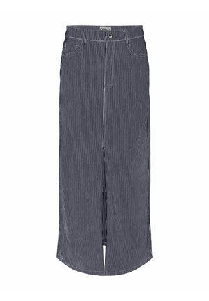 Gonna in denim a righe con un design a lunghezza intermedia. Presenta uno spacco frontale, cinque tasche e una chiusura con bottone in vita. Colori: blu navy e bianco.