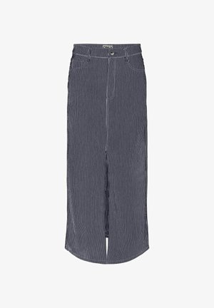 Ribaldi denim seelik keskmise pikkusega. Omab ees olevat lõhet, viit taskut ja nööp sulgemist vööl. Värvid: tumesinine ja valge.