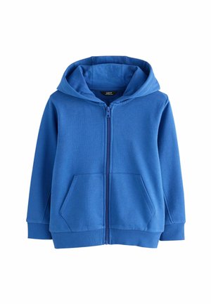 Hoodie zippé bleu en tissu doux. Dispose d'une capuche, de deux poches avant et de poignets et d'un ourlet côtelés. Texture lisse et design simple.