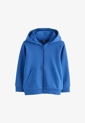 Blauer Reißverschluss-Hoodie aus weichem Stoff. Verfügt über eine Kapuze, zwei Fronttaschen und gerippte Bündchen und Saum. Glatte Textur und simples Design.