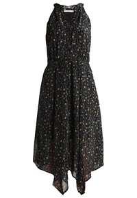 Robe midi noire sans manches avec un petit motif floral jaune et rose, encolure à volants, ceinture à la taille et ourlet asymétrique.