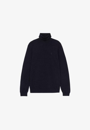 Jersey de cuello alto azul marino, confeccionado con una tela suave, con mangas largas y un discreto detalle del logo en el frente. Textura suave y corte holgado.