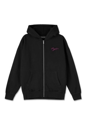 Felpa nera con zip, dotata di tasca frontale, polsini a costine e logo ricamato rosa sul lato sinistro del petto. Realizzata in tessuto morbido.
