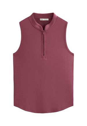 Top sportiv fără mâneci, de culoare mov, cu fermoar până la piept și mici orificii de ventilație de-a lungul părților laterale și gulerului.