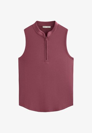 Top sportiv fără mâneci, de culoare mov, cu fermoar până la piept și mici orificii de ventilație de-a lungul părților laterale și gulerului.