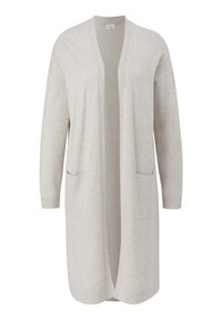 Ljusgrå cardigan med en lång, öppen design, som har ribbade muddar, två framlommor och en texturerad stickad tyg.