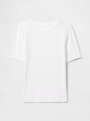 White cotton t-shirt with short sleeves, round neckline, and a smooth texture. Basic design with no patterns or accents.