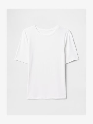 White cotton t-shirt with short sleeves, round neckline, and a smooth texture. Basic design with no patterns or accents.
