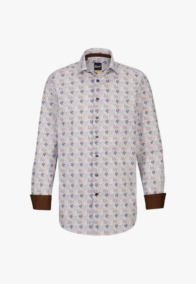 Camicia bianca con bottoni, con un motivo floreale blu e arancione. Accenti marroni sui polsini e sul colletto. Tessuto morbido con maniche lunghe.